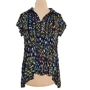 NY‎ Collections Top Womens Colorful Ikat Large Ruffled Black Lace Trim High Low